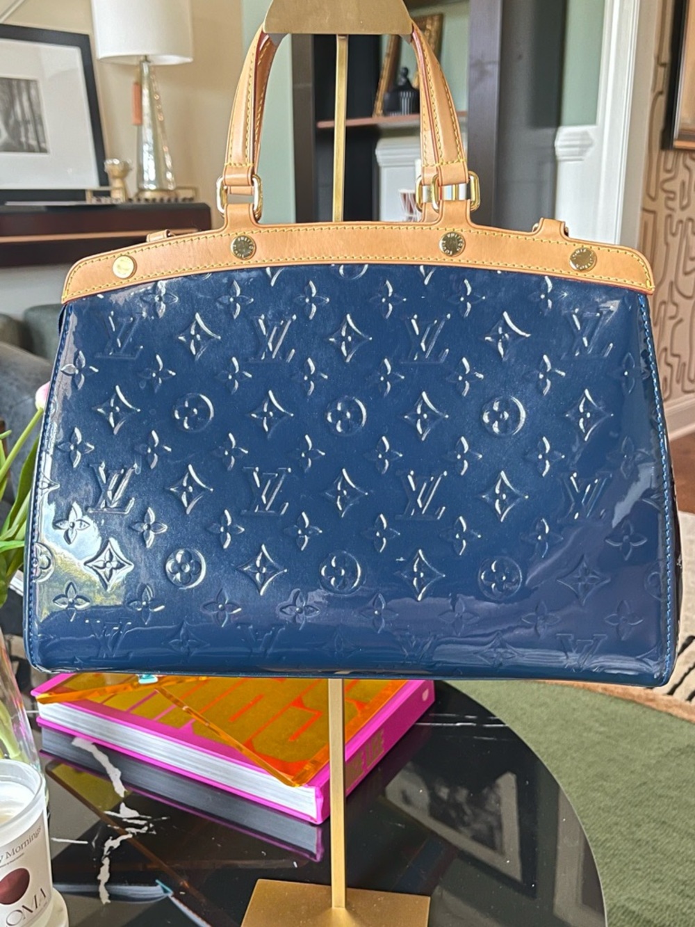 Louis Vuitton Navy Vernis Monogram Satchel with Natural Trim